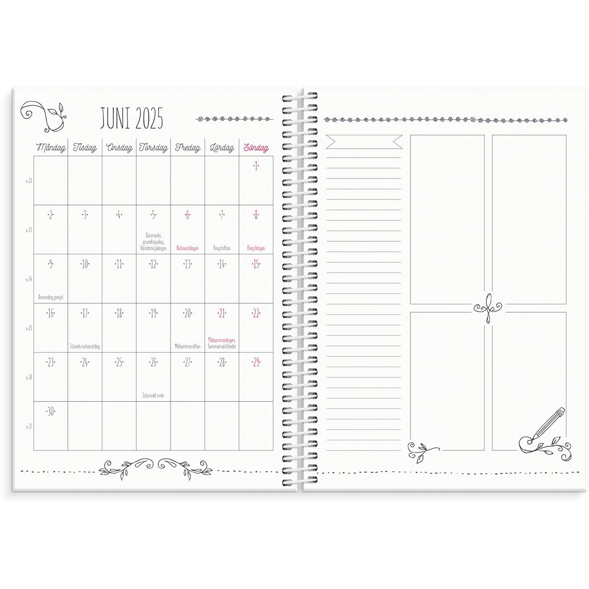 Öppen almanacka för juni 2025 med kalender och anteckningssidor i A5-format