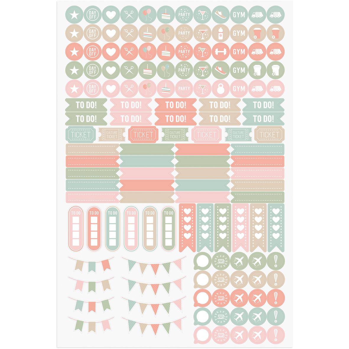 Färgglada planner- och dekorationselement i pastellfärger för kalender och planering, inklusive ikoner, etiketter och banderoller