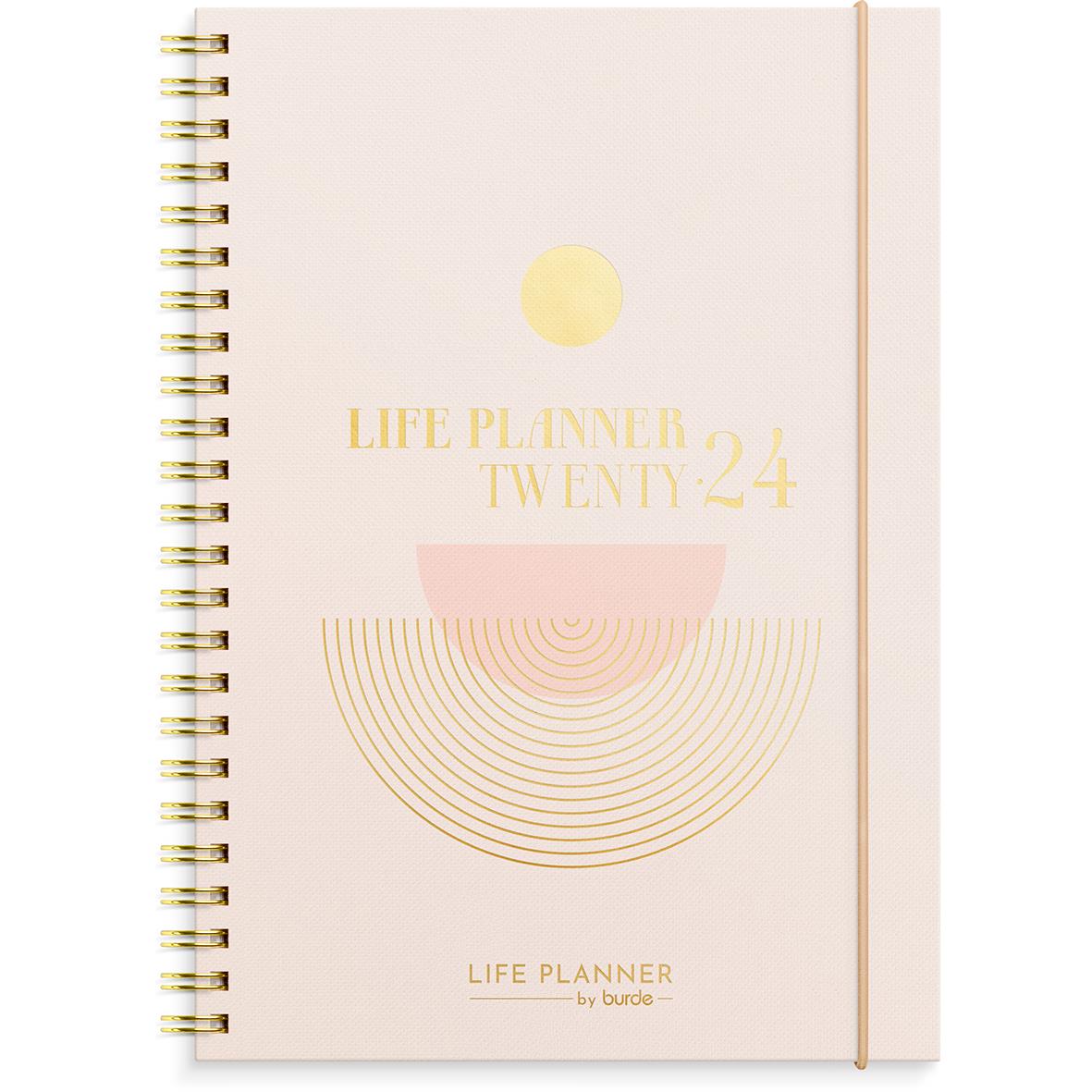 Rosa A5 Life Planner 2024 med spiralrygg och elastisk band