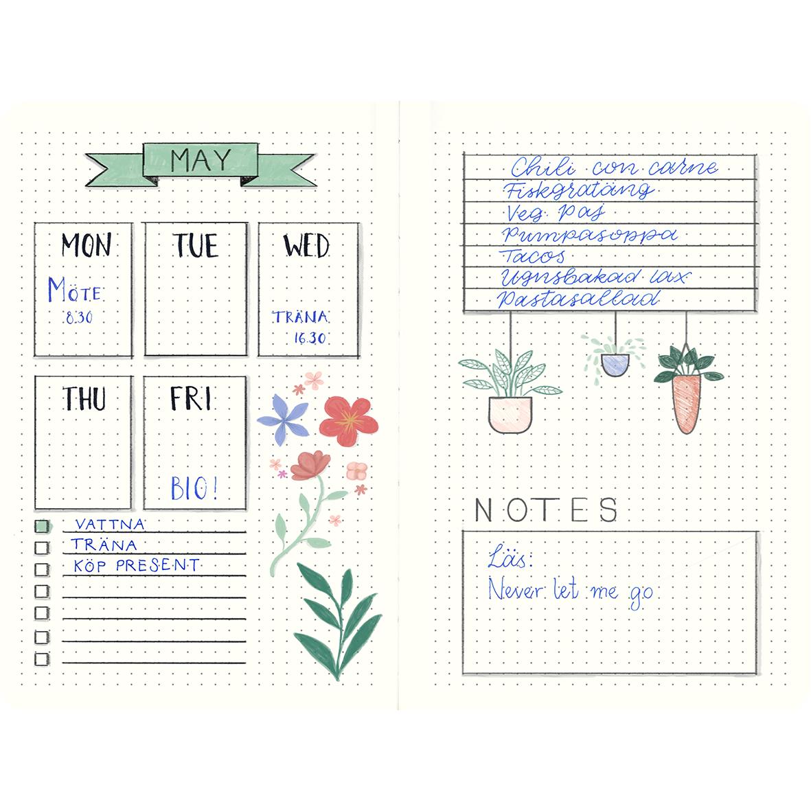 Rosa anteckningsbok med veckodagar, blommor och anteckningar för maj