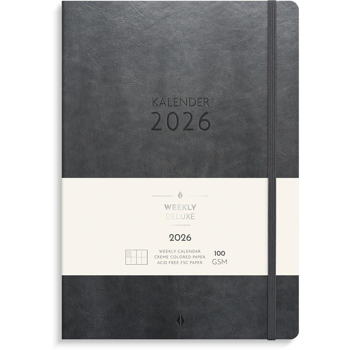 2026 års veckokalender i svart omslag med elastisk band och vit etikett