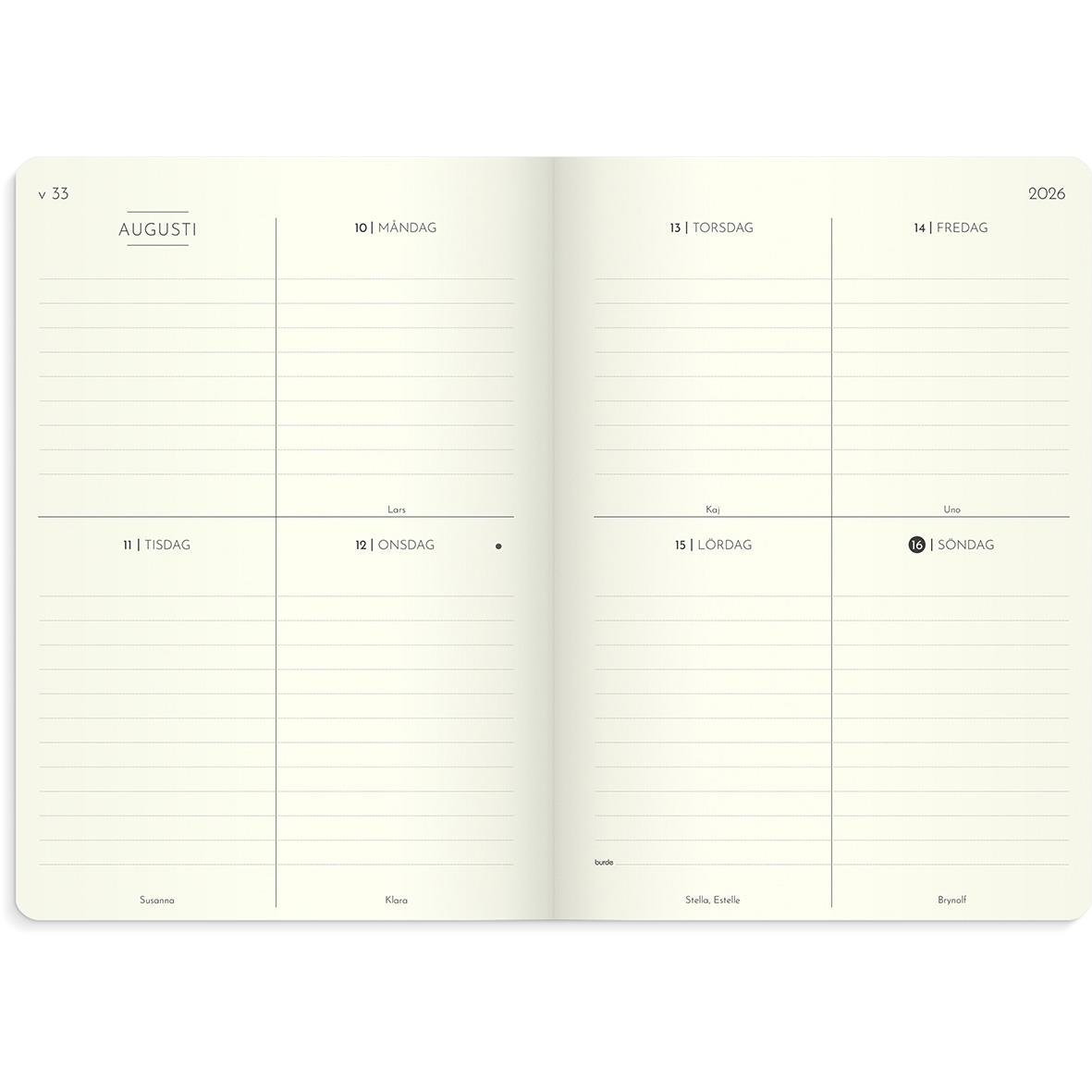 Veckoplanerare för 2026 med veckovy, augusti månadssida, tydlig layout för dagliga anteckningar