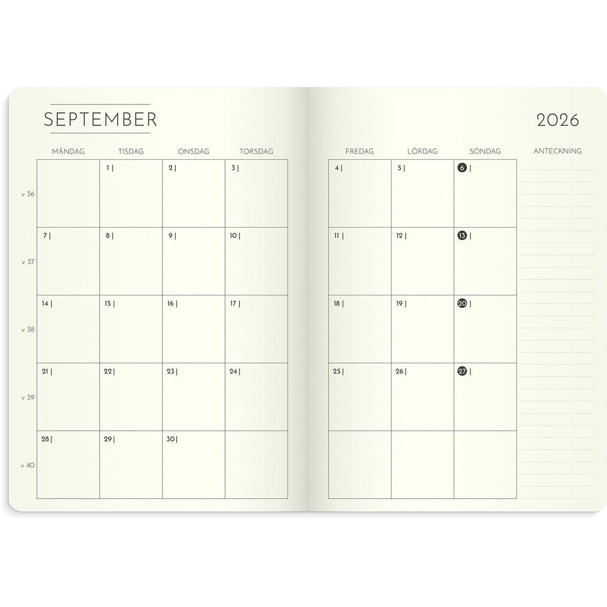 Veckokalender för september 2026 i Almanacka Burde 5964 Weekly Deluxe