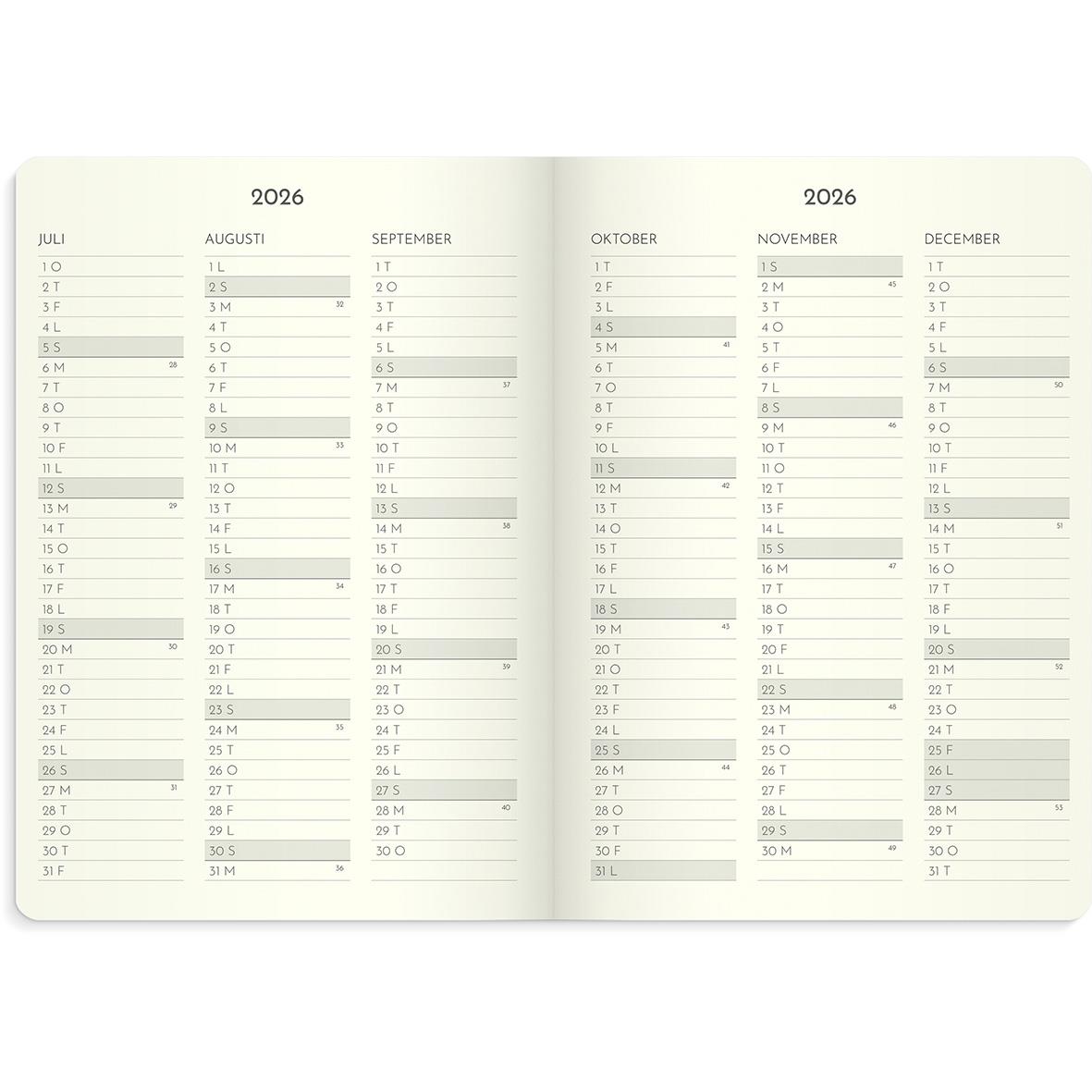 Veckokalender för 2026 med månader juli till december, visar datum och veckonummer i en öppen almanacka