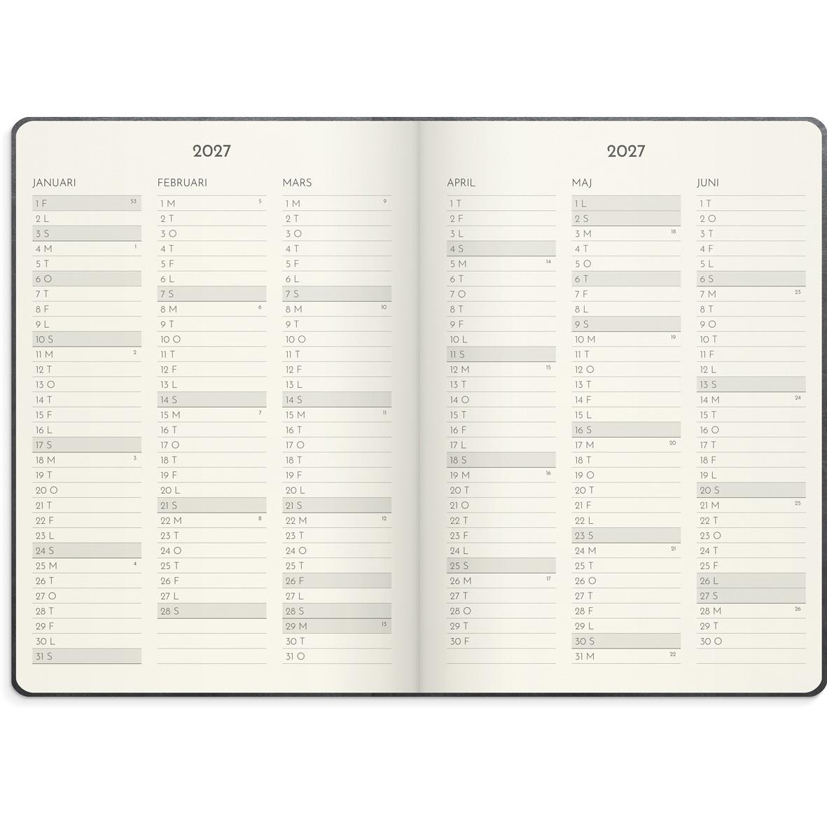 Veckokalender för 2026 med månader juli till december, visar datum och veckonummer i en öppen almanacka