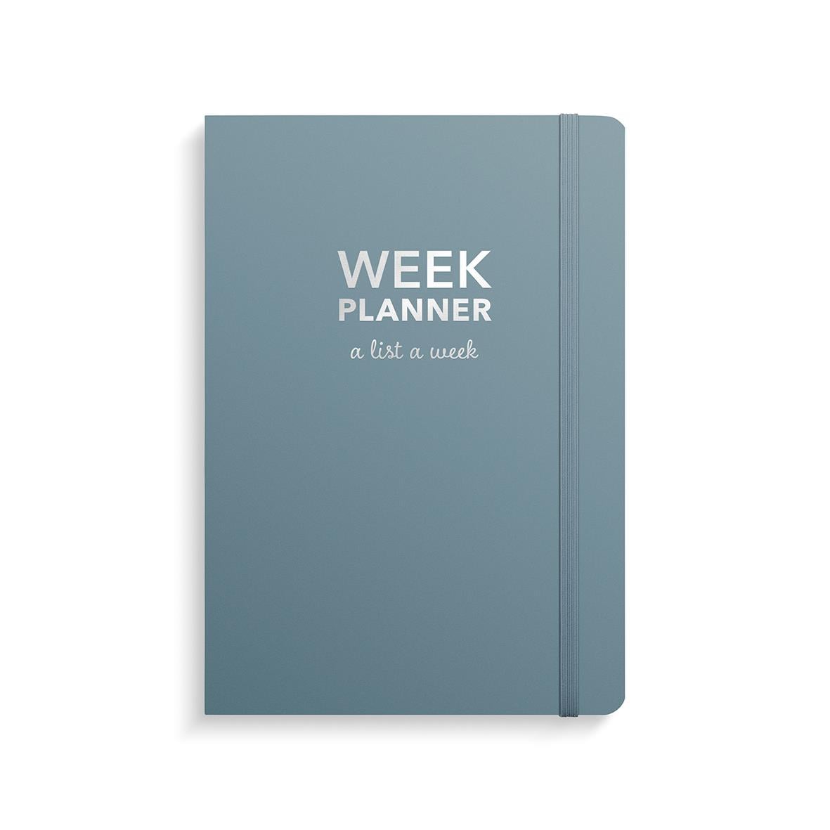 Blå obestämbar veckoplanerare med elastisk band och texten WEEK PLANNER