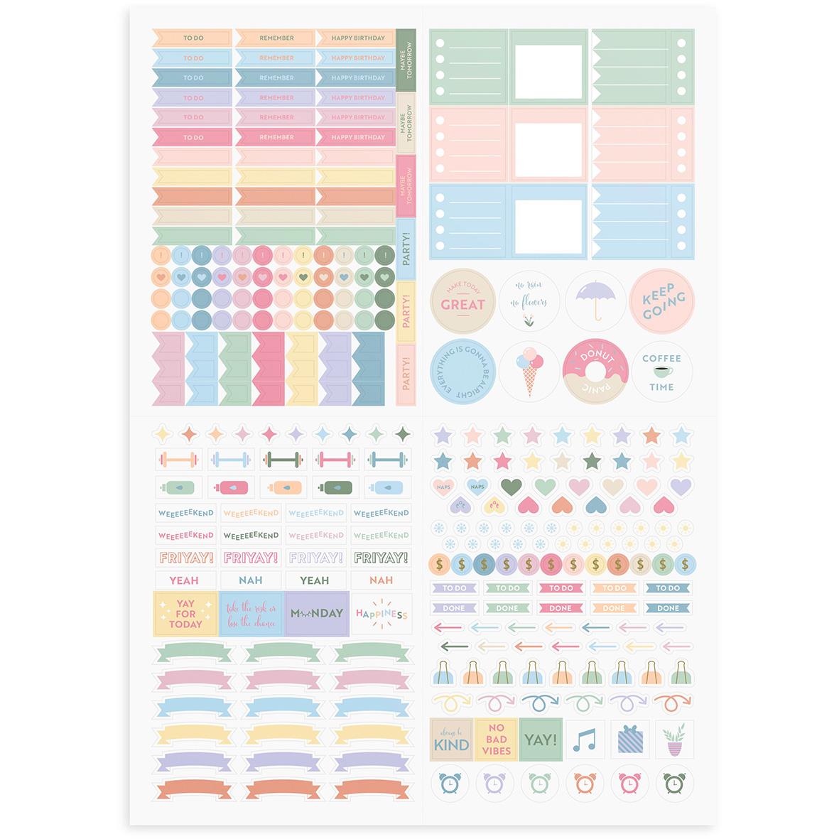 Kalenderstickers i pastellfärger med etiketter, dekorationer och planeringselement i rosa, blå, grön och gul nyanser