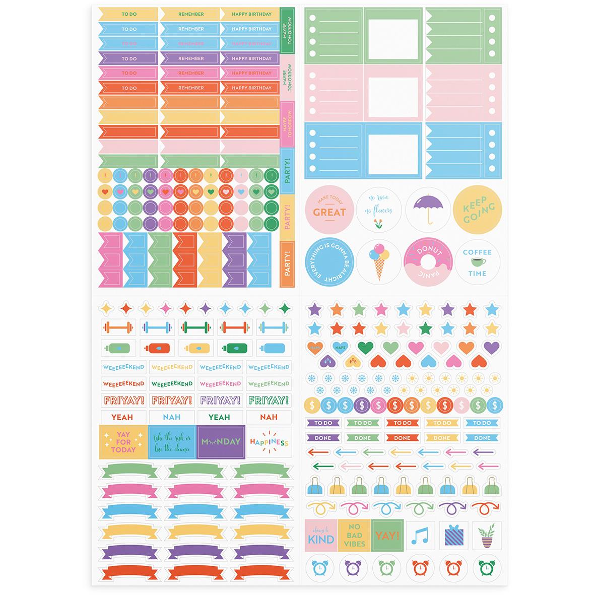 Färgglada kalenderstickers med olika former, etiketter, dekorationer och text för planering och organisering