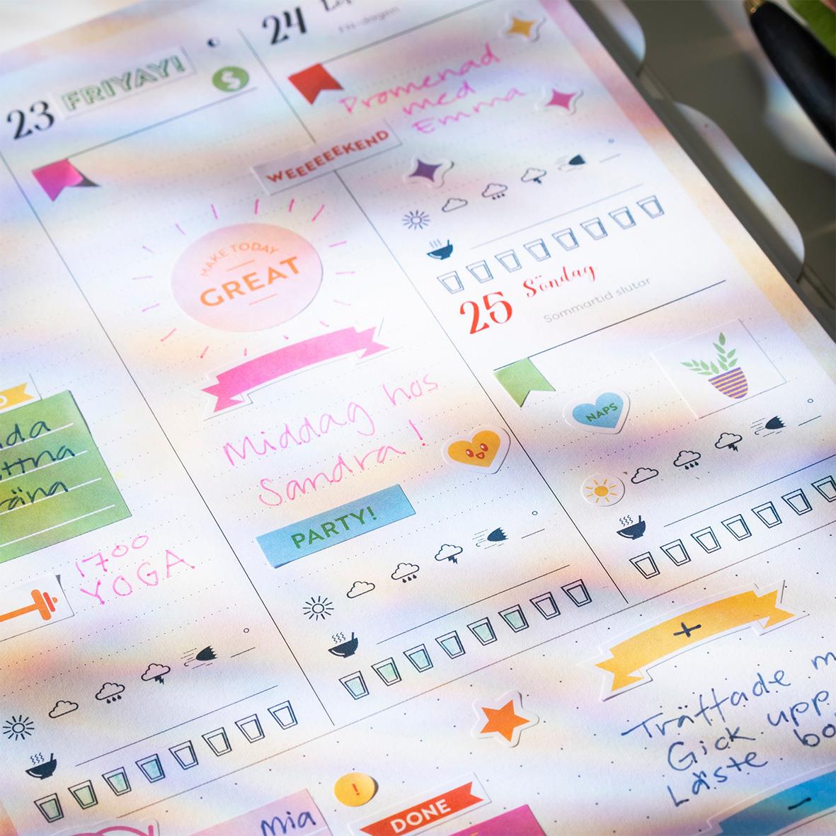 Färgglada kalenderstickers med olika motiv och text för planering och påminnelser