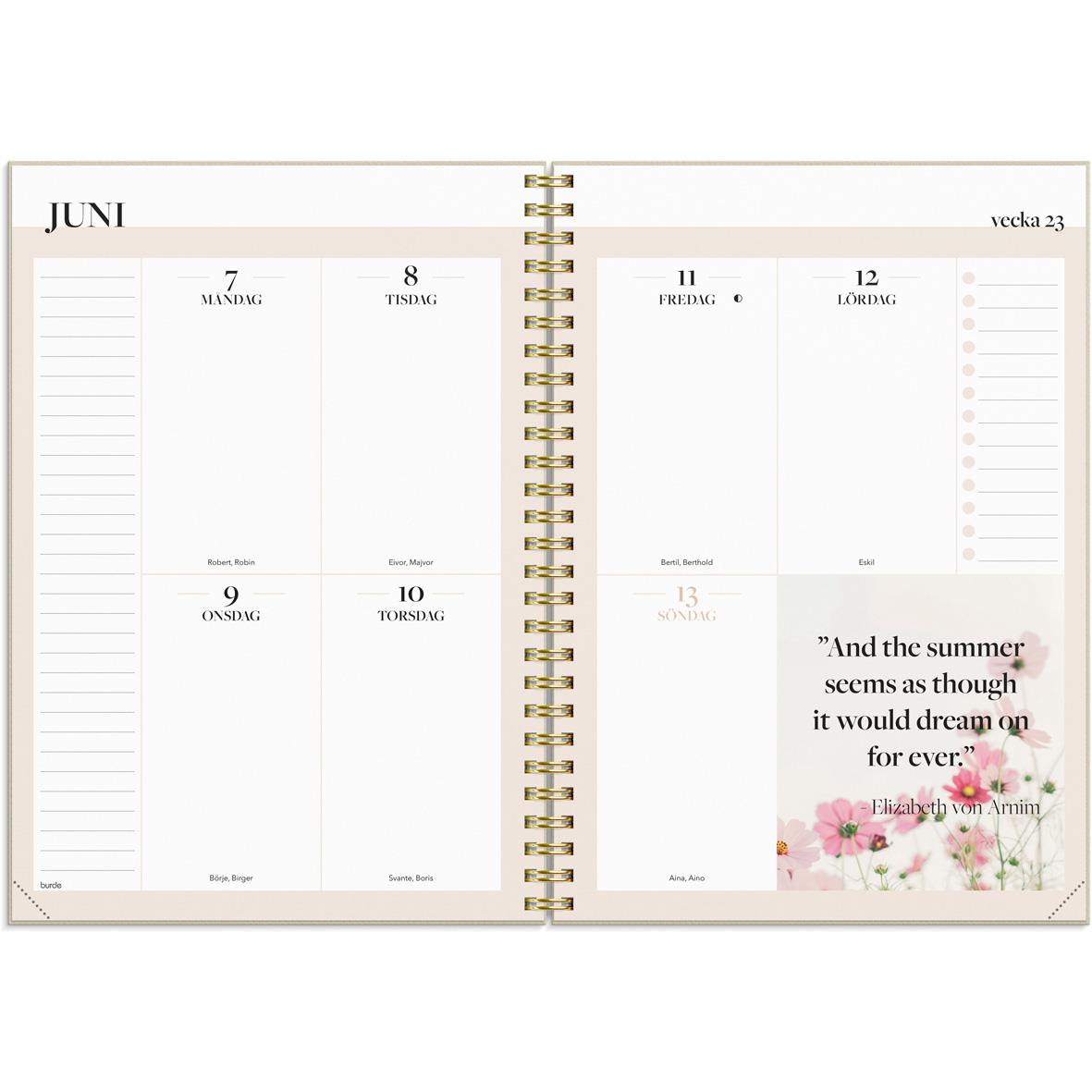Öppen kalender för juni med inspirerande citat och plats för anteckningar i en A5 planner