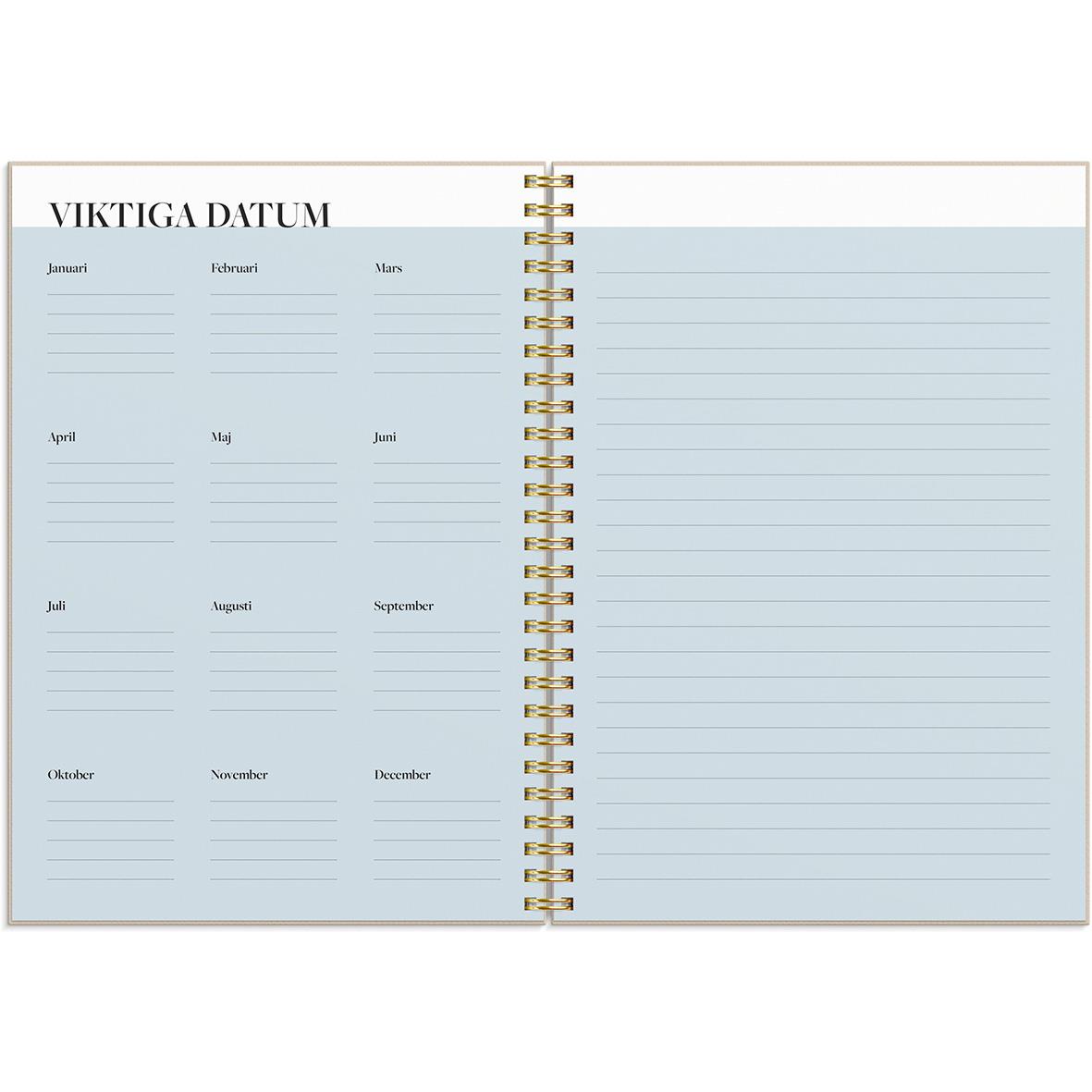 A5 årsplanerare för 2026 med plats för viktiga datum och inspiration, i en spiralbunden almanacka