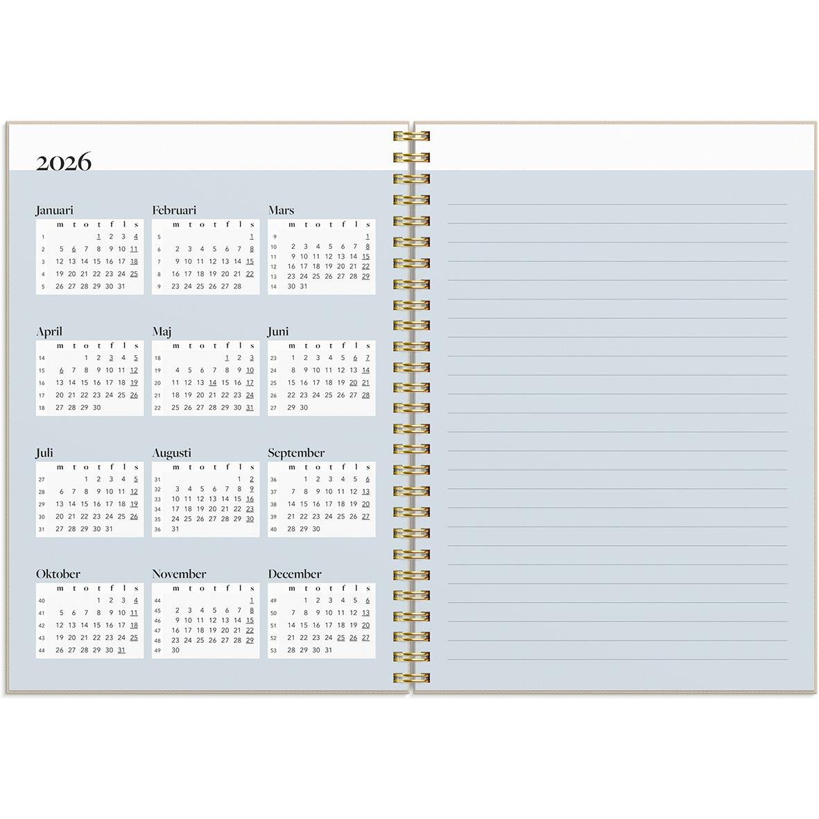 Årsplaner för 2026 i en A5 Life Planner med utrymme för anteckningar på högra sidan