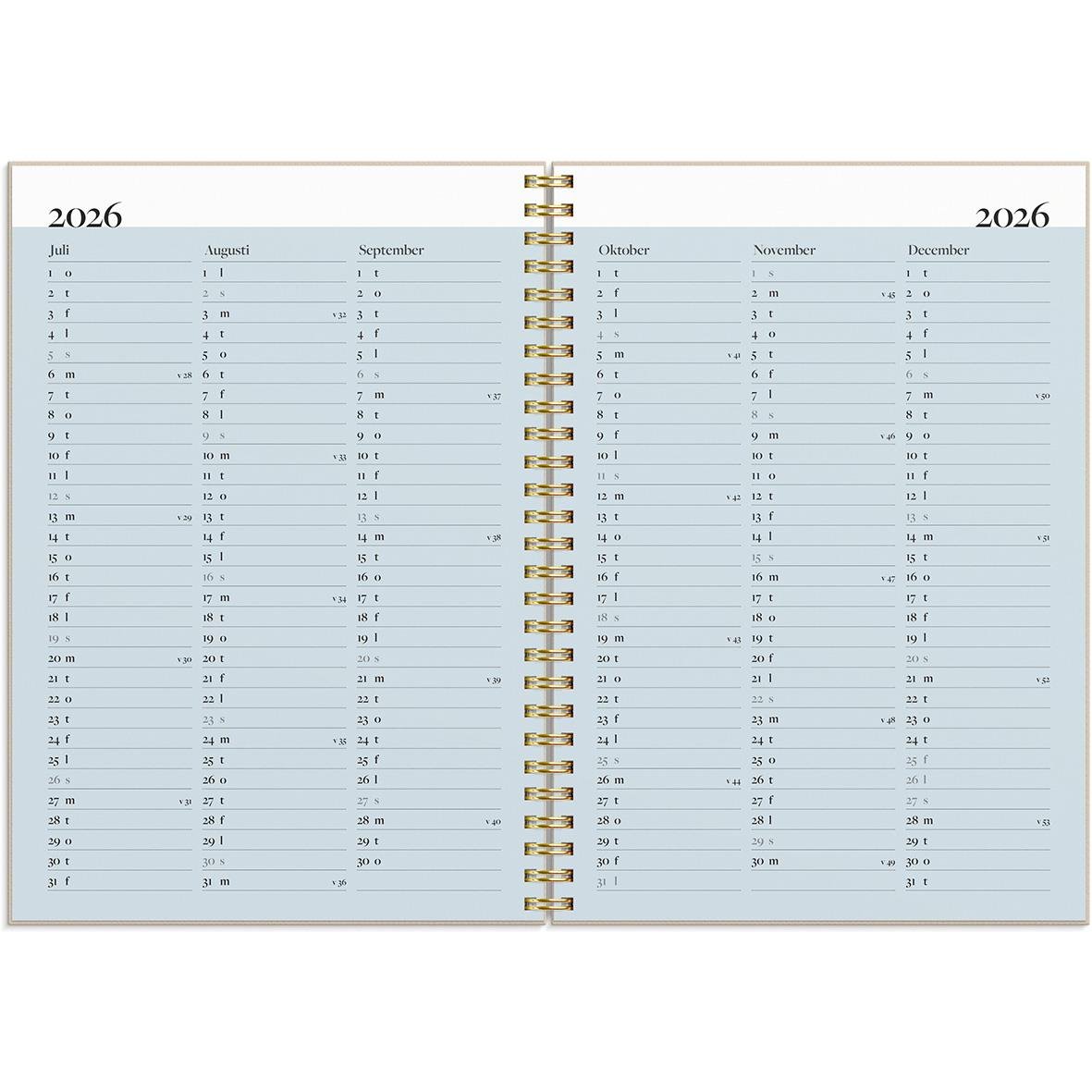 Årsplanerare för 2026 i A5-format med månadsöversikter för juli till december 2026
