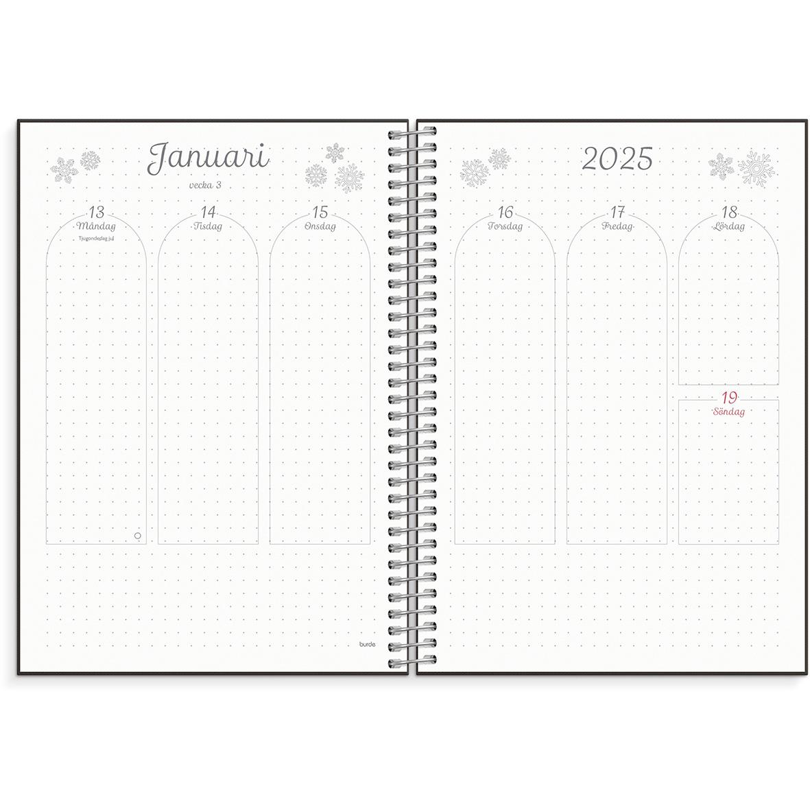 Öppen planerings- och BuJo-almanacka för 2025 i A5-format med veckoplanering för januari