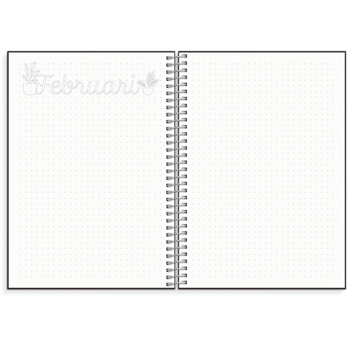 Öppen planerings- och BuJo-almanacka för 2025 i A5-format med februari månad synlig