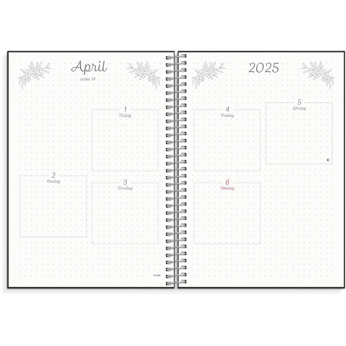 Öppen planerings- och BuJo 2025 kalender för april med utrymme för dagliga anteckningar och scheman i A5-format