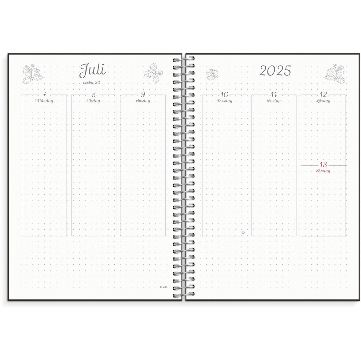 Öppen planerings- och BuJo 2025 almanacka i A5-format med juli månad och veckor
