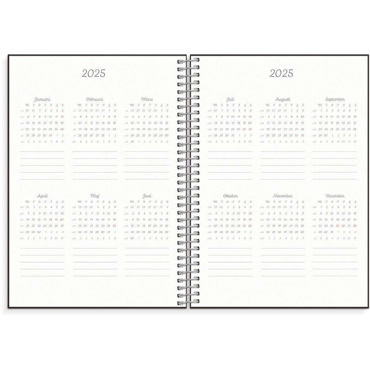 Öppen planerings- och BuJo 2025 almanacka i A5-format med kalender för hela året 2025