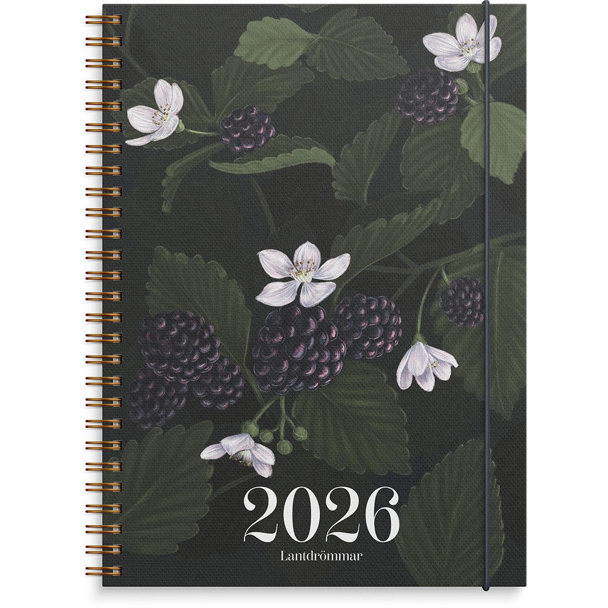 Almanacka Burde 1283 Lantdrömmar 2026 A5 med svart bär- och blomsterdesign