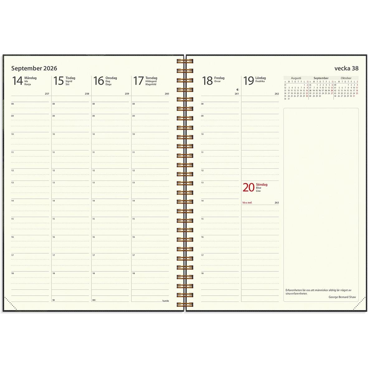 Öppnad almanacka för september 2026 med veckodagar och datum i A5-format