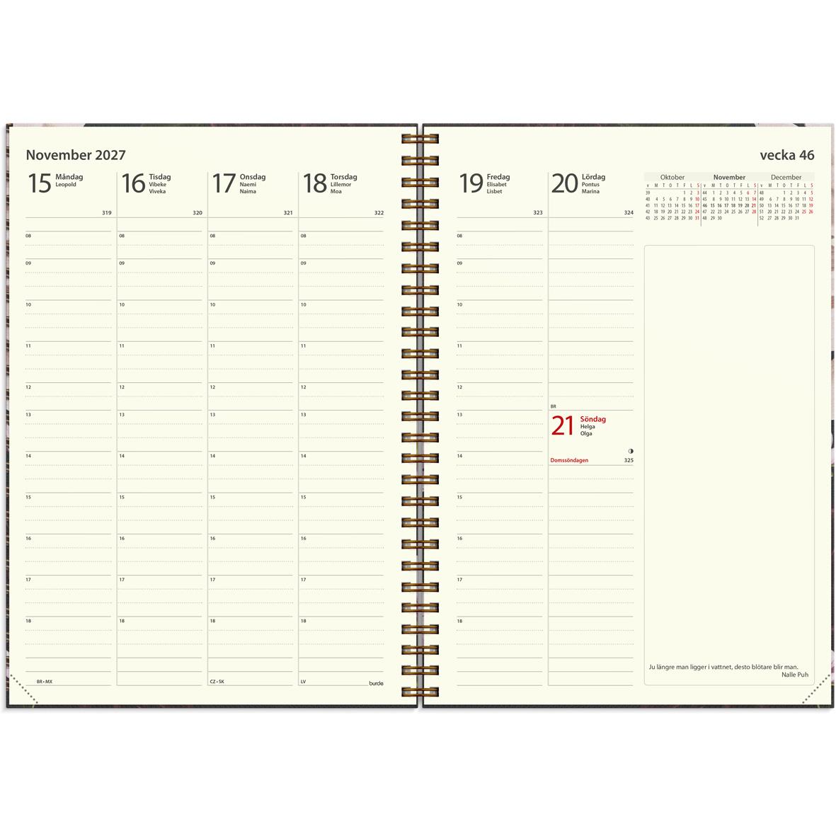 Hedgehog på en stubbe i naturen med kalender för 2026 i A5-format