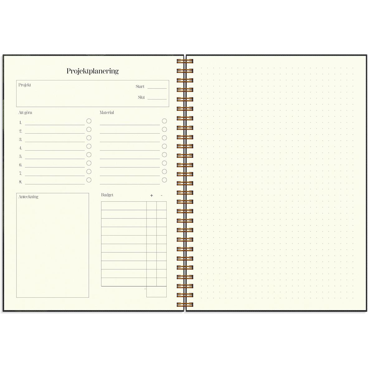 Öppnad almanacka för 2026 med plats för projektplanering och anteckningar i A5-format