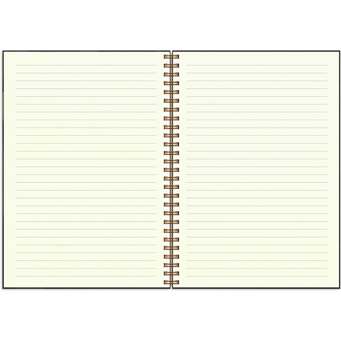 Öppet anteckningsblock med linjerade sidor och spiralbindning, titel Almanacka Burde 1283 Lantdrömmar 2026 A5