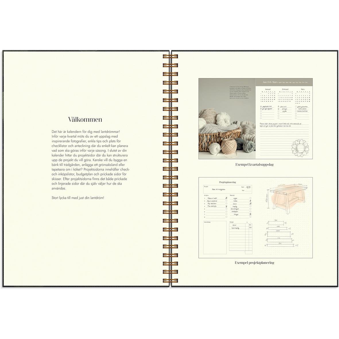 Öppnad Almanacka Burde 1283 Lantdrömmar 2026 A5 med sidor om välkommen och inredning