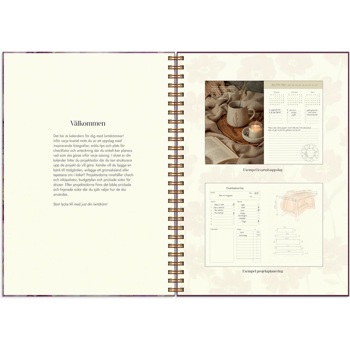 Öppnad Almanacka Burde 1283 Lantdrömmar 2026 i A5-format med sidor om välkommen och kalender samt bilder på kaffe och planeringssidor