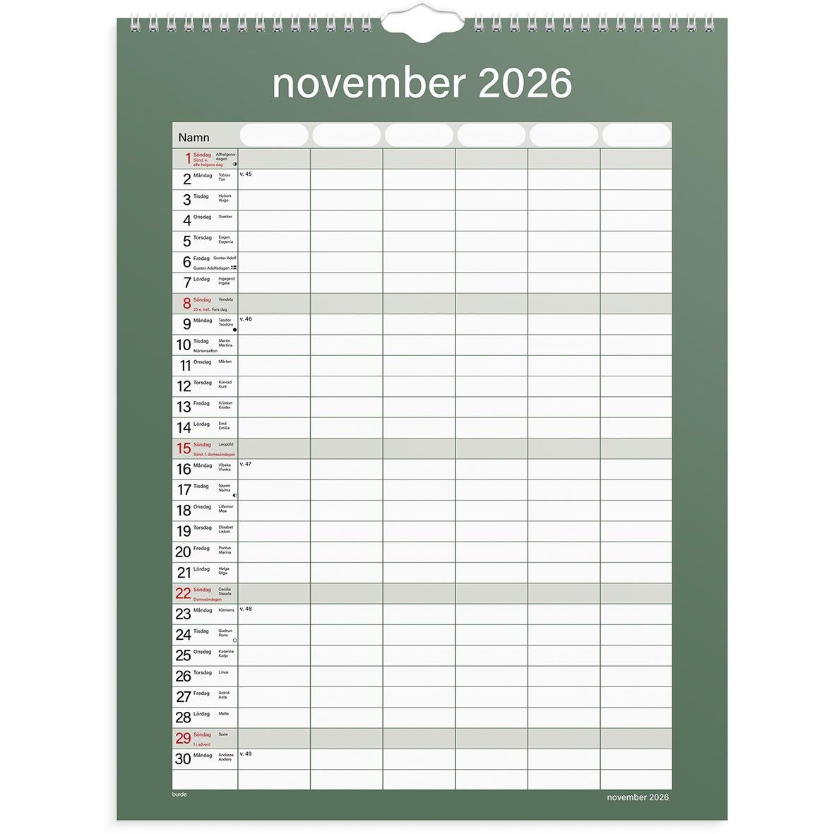 Väggkalender för februari 2026 med veckodagar och datum, praktisk familjekalender