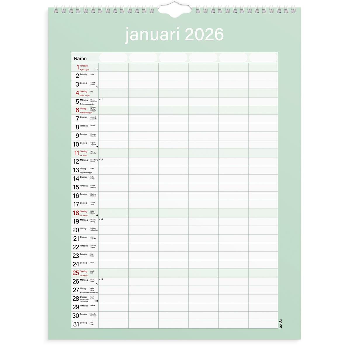 Väggkalender för januari 2026 med plats för namn och dagbok, praktisk design
