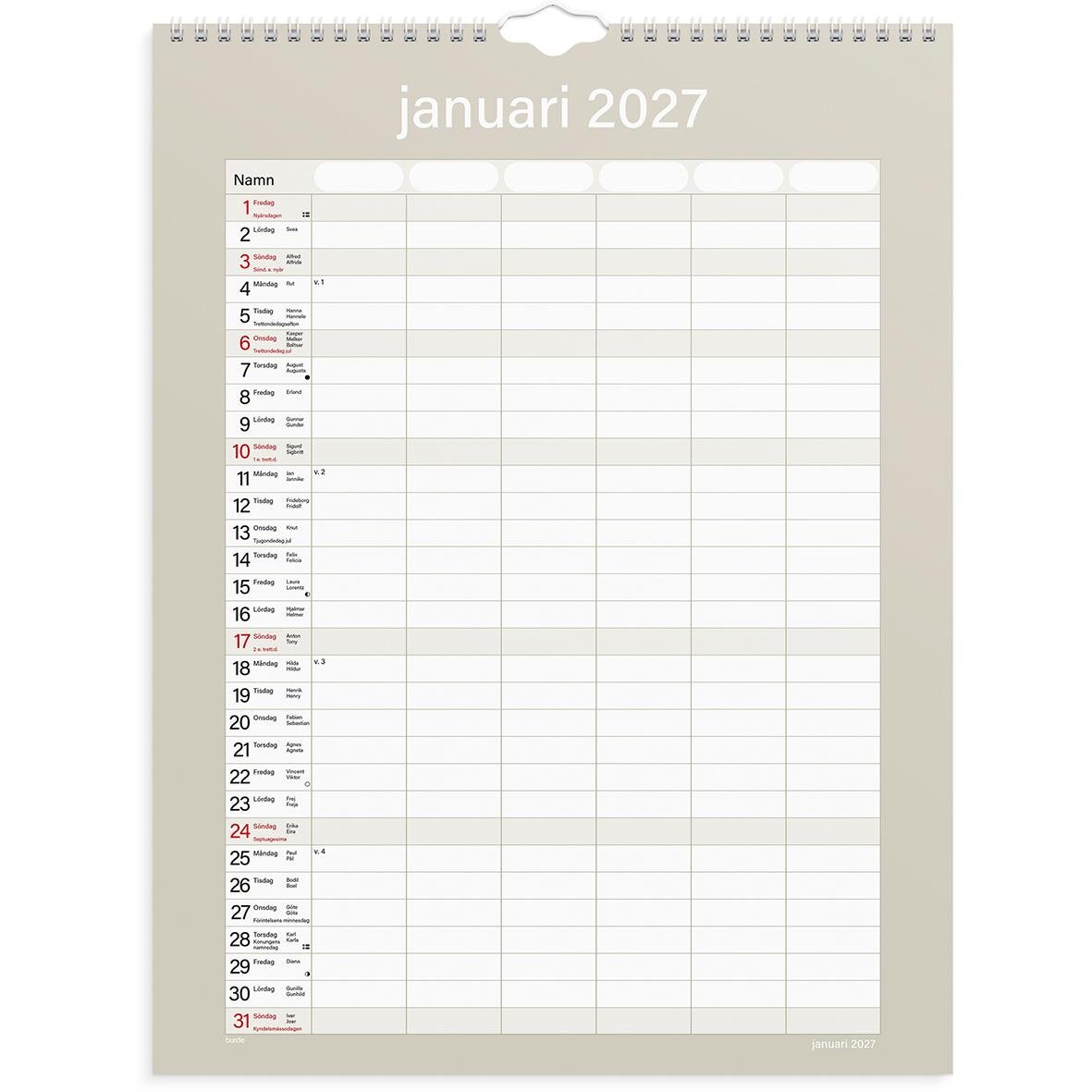 Väggkalender för februari 2026 med plats för namn och daganteckningar, blå bakgrund och praktisk layout