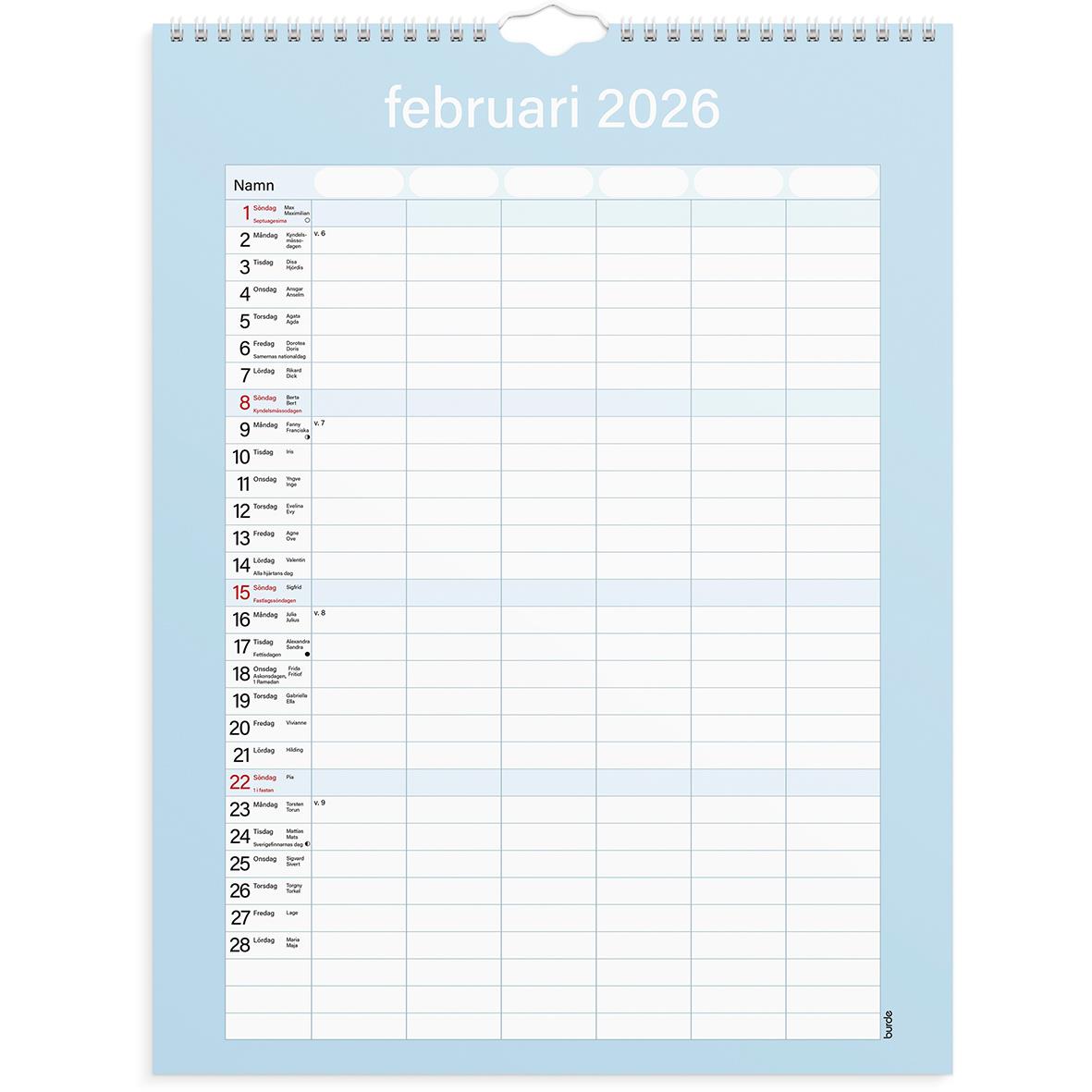 Väggkalender för februari 2026 med plats för namn och daganteckningar, blå bakgrund och praktisk layout