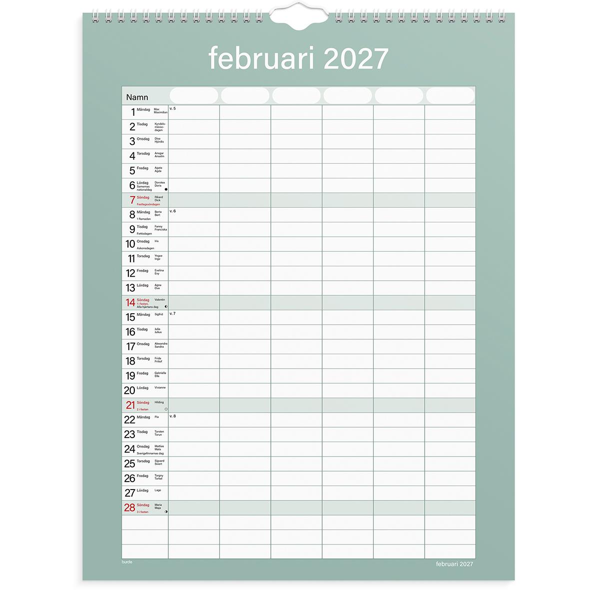 Väggkalender för mars 2026 med plats för namn och dagbok, praktisk design från 1859 familjekalender