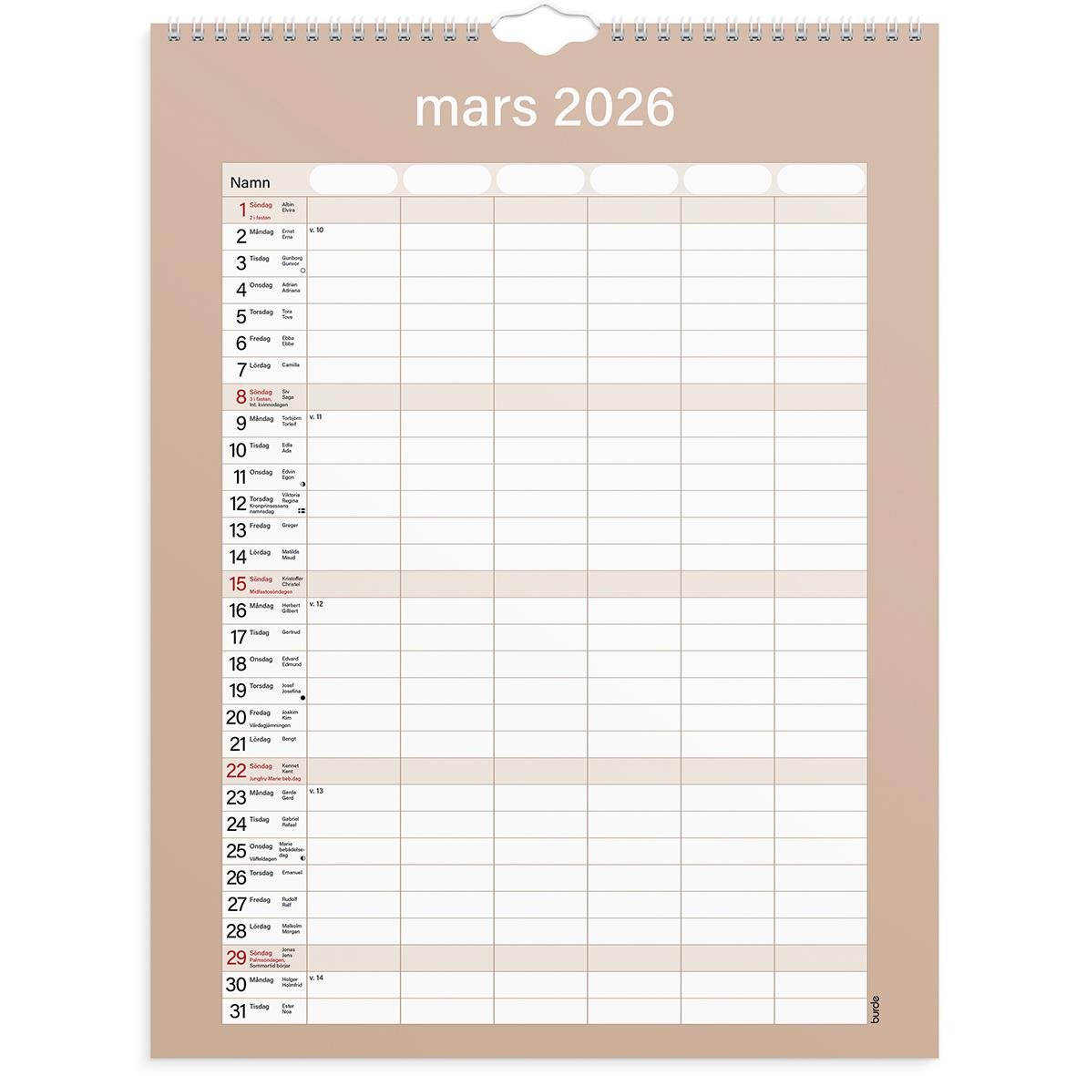 Väggkalender för mars 2026 med plats för namn och dagbok, praktisk design från 1859 familjekalender