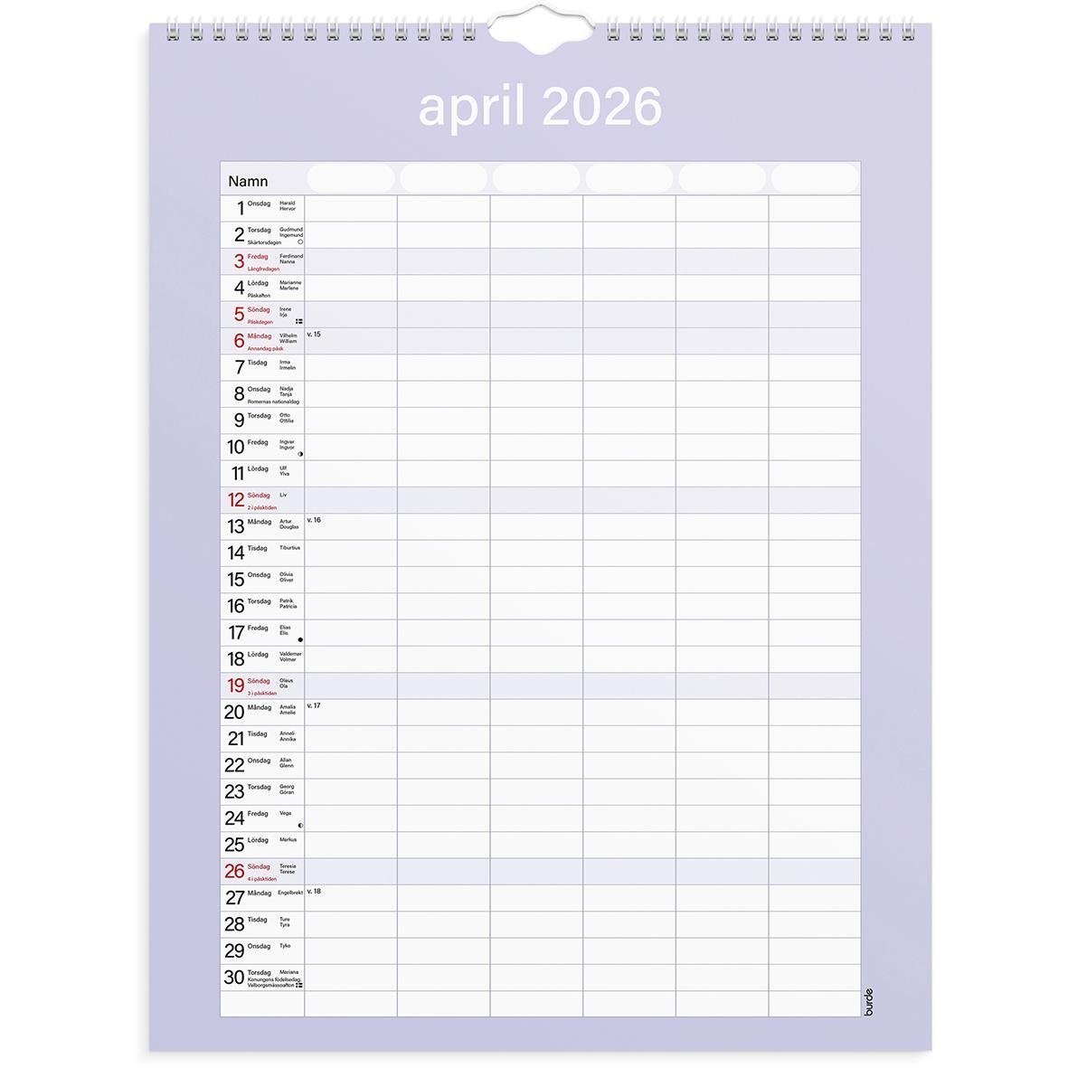Väggkalender för april 2026 med plats för namn och dagbok, praktisk design, familjekalender