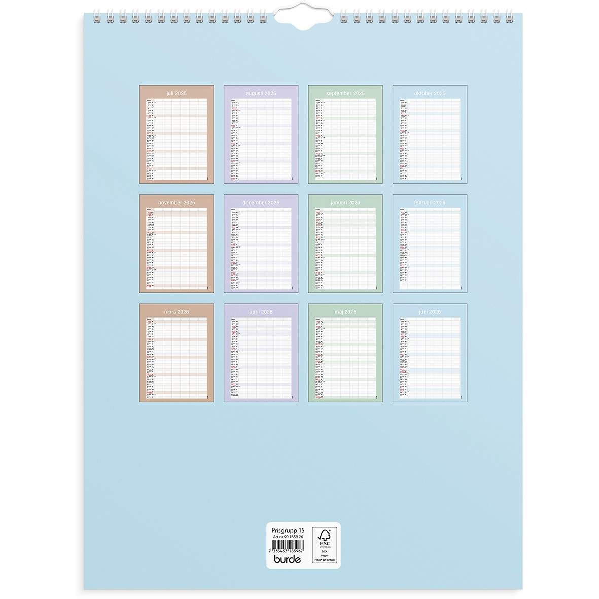 Väggkalender Burde 1859 familjekalender med praktiska blad för 25-26 år