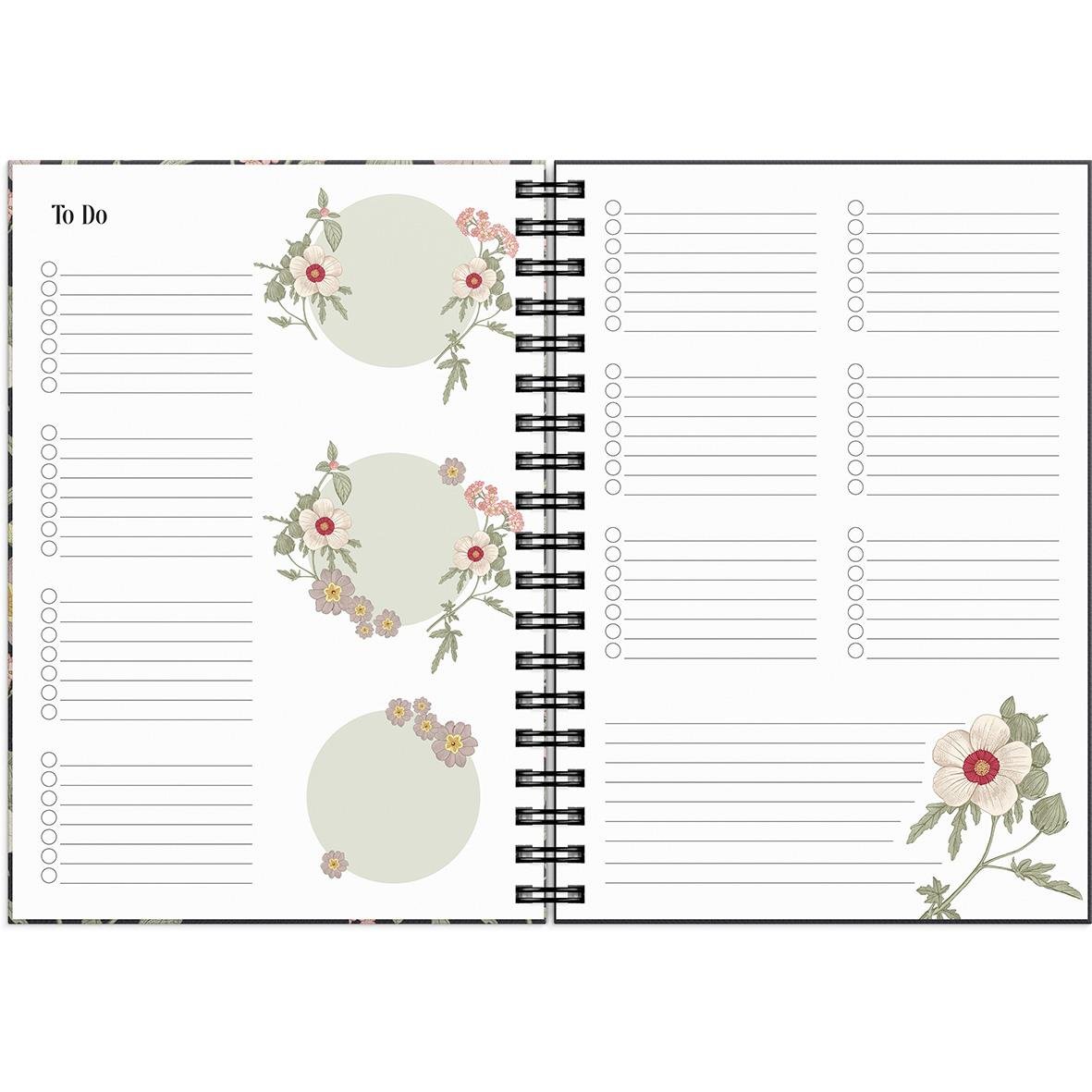 Öppen planeringskalender för 2026 med blommönster och plats för att skriva att göra-listor och scheman