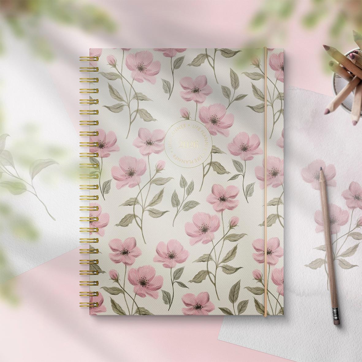 Vårblommig almanacka Burde 1062 Life Planner Essentials 2026 i A5-format med guldkant på spiralbindningen