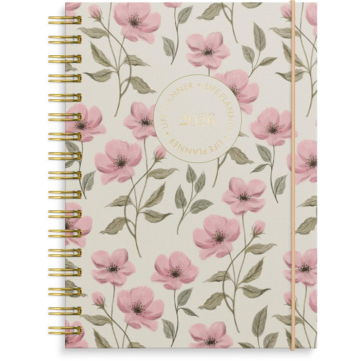 A6 Life Planner Essentials 2026 med blommönster i rosa och grönt, spiralbindning och elastisk band