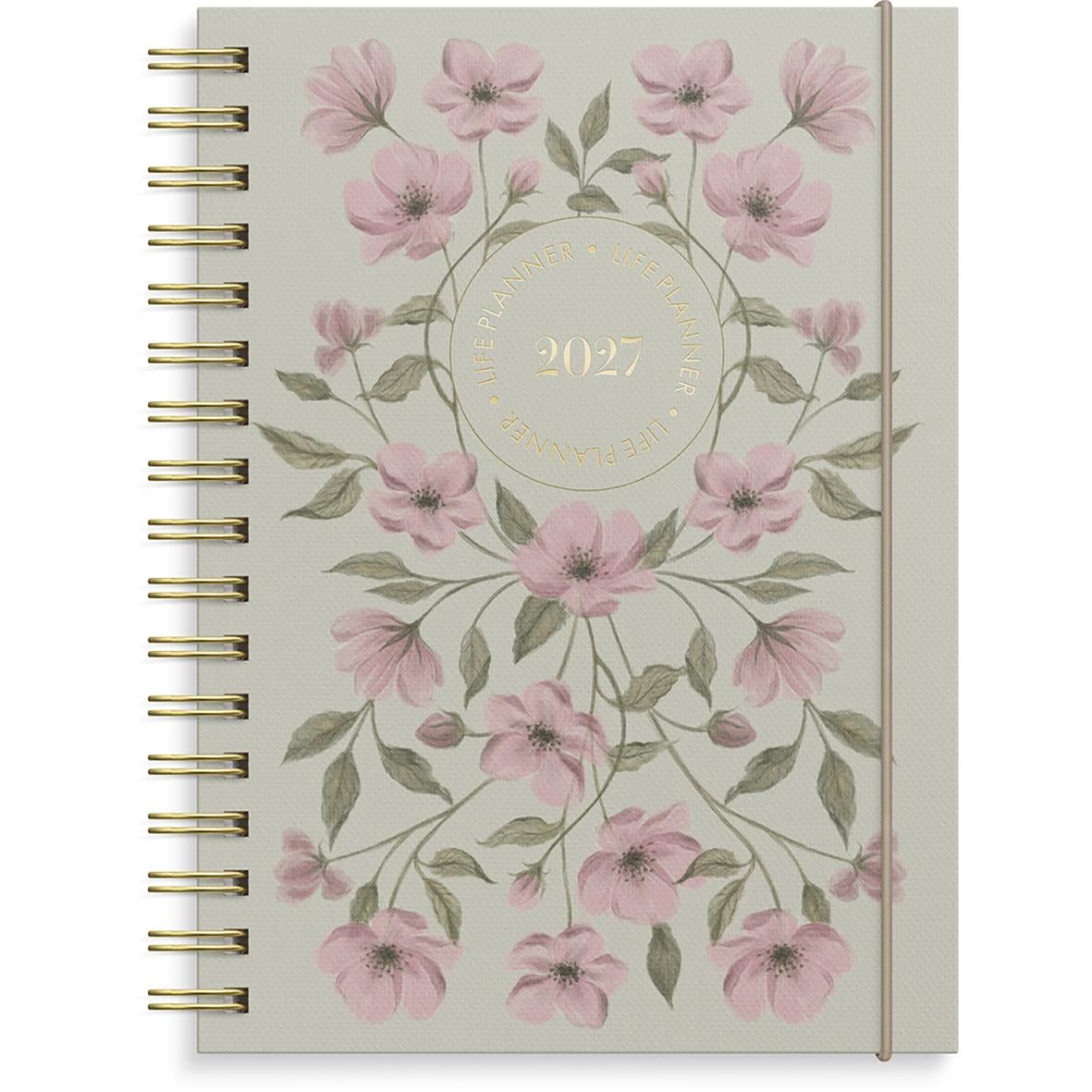 A6 Life Planner Essentials 2026 med blommönster i rosa och grönt, spiralbindning och elastisk band