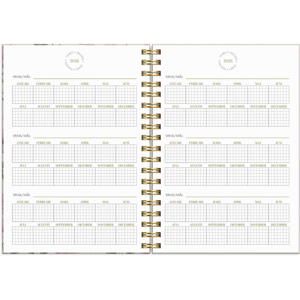 Öppen almanacka för 2026 med veckoplanering och plats för anteckningar i A6-storlek