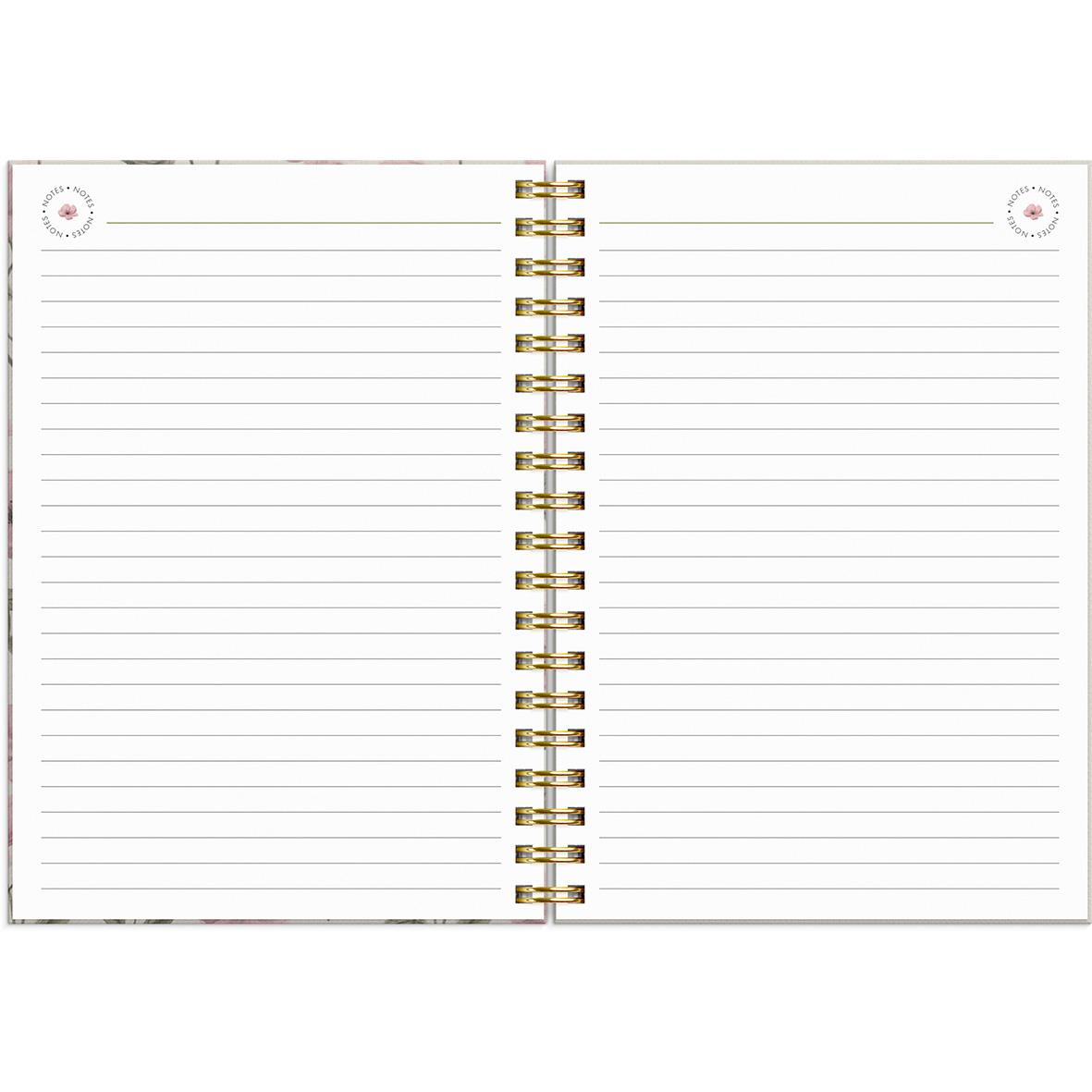 Öppen planeringsbok med linjer och spiralrygg för 2026, A6 storlek, guldfärgad spiral