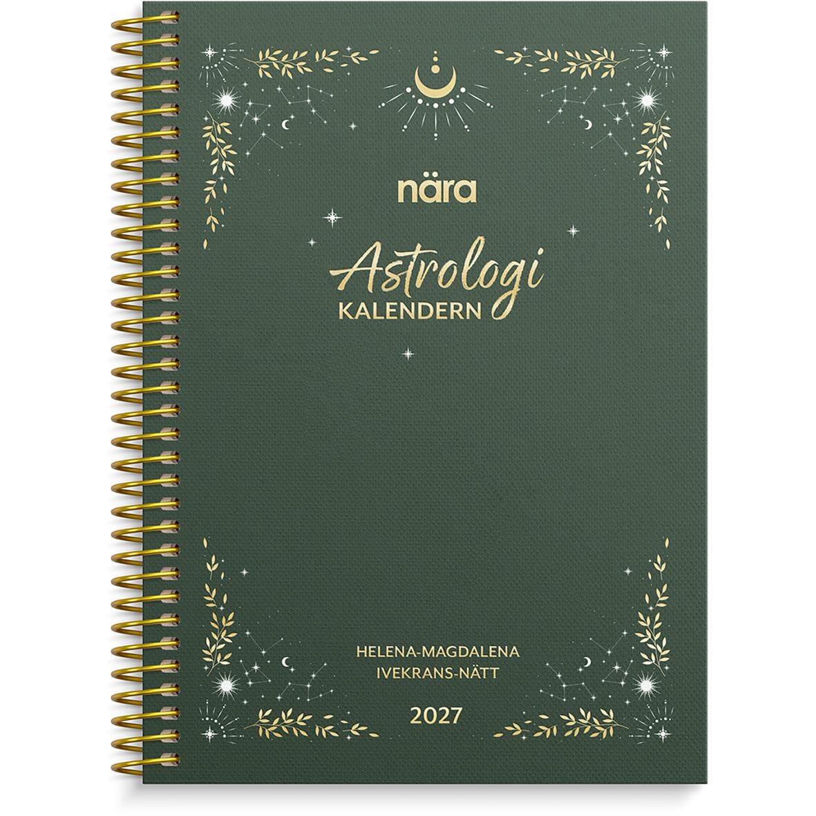 Astrologikalender för 2026 med gulddetaljer och spiralrygg, innehåller astrologiska datum och måncykler