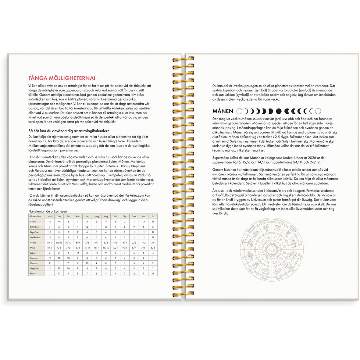 Öppnad Almanacka Burde 1224 Astrologikalendern 2026 med text och diagram på sidorna