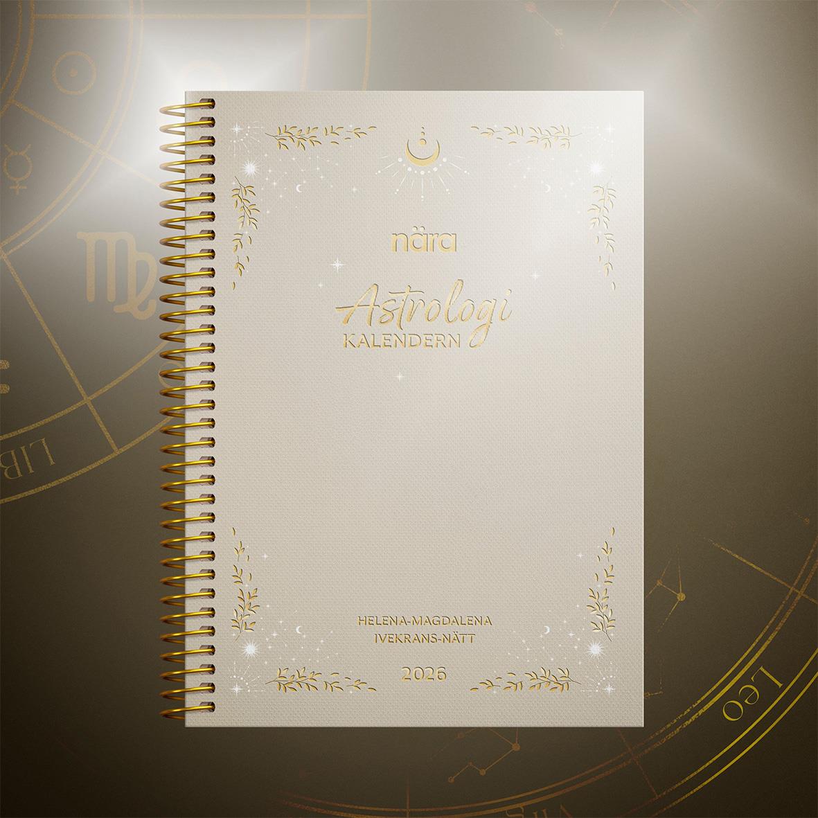 Almanacka Burde 1224 Astrologikalendern 2026 med vit omslag och gulddetaljer