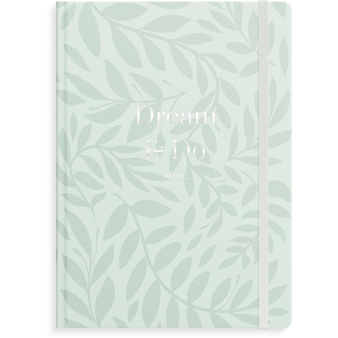 Ljusgrön almanacka med bladmönster och text Dream & Do 2026