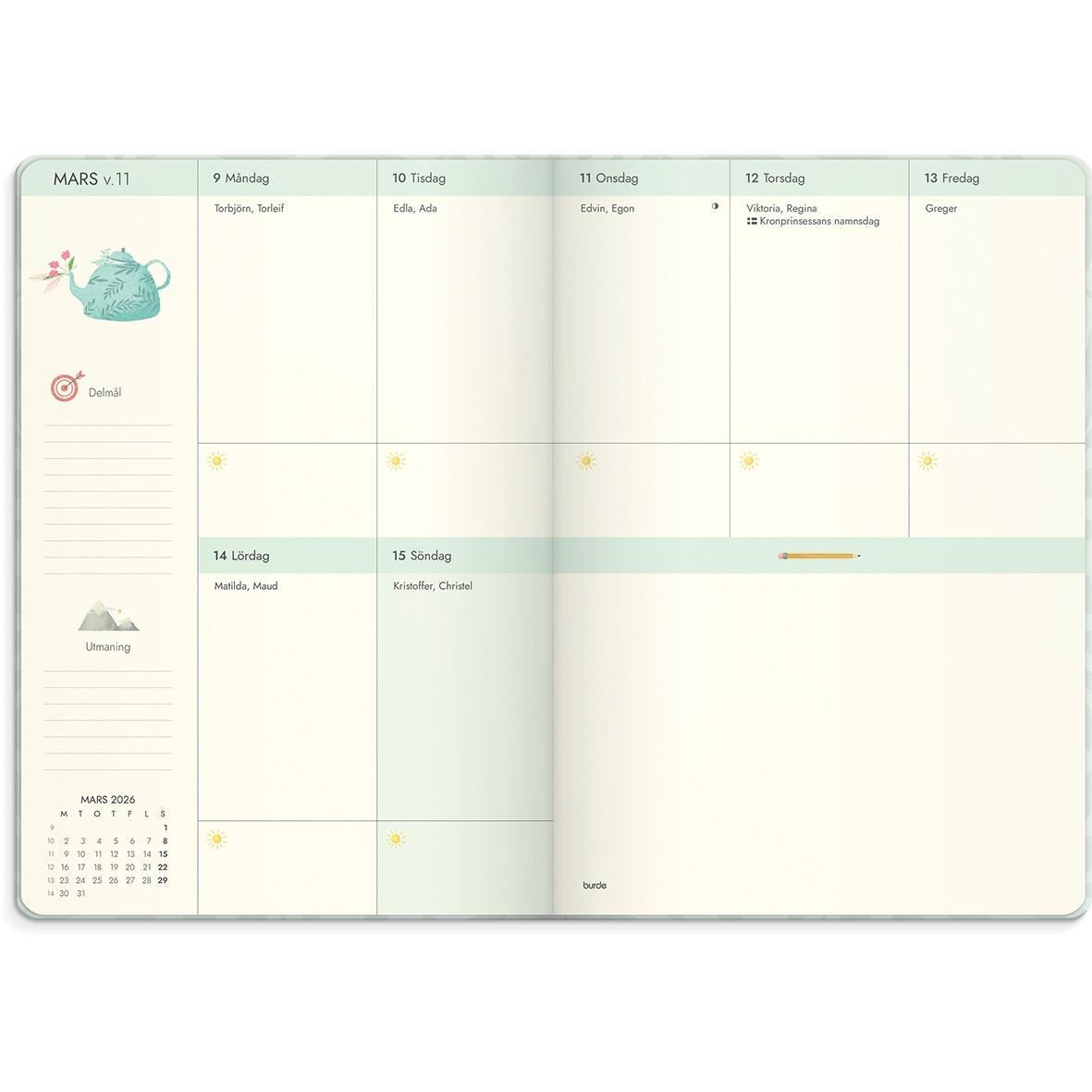 Årskalender och planeringssida för mars 2026 i Almanacka Burde 1284 Life Planner Dream & Do
