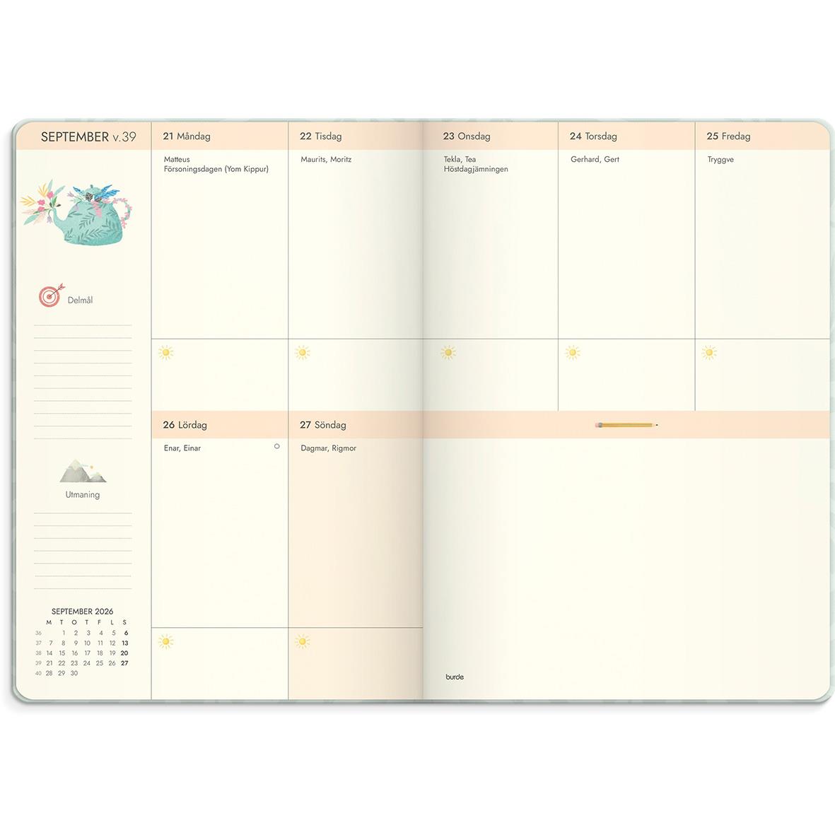 Öppnad planeringskalender för 2026 med veckovy, datum och utrymme för anteckningar