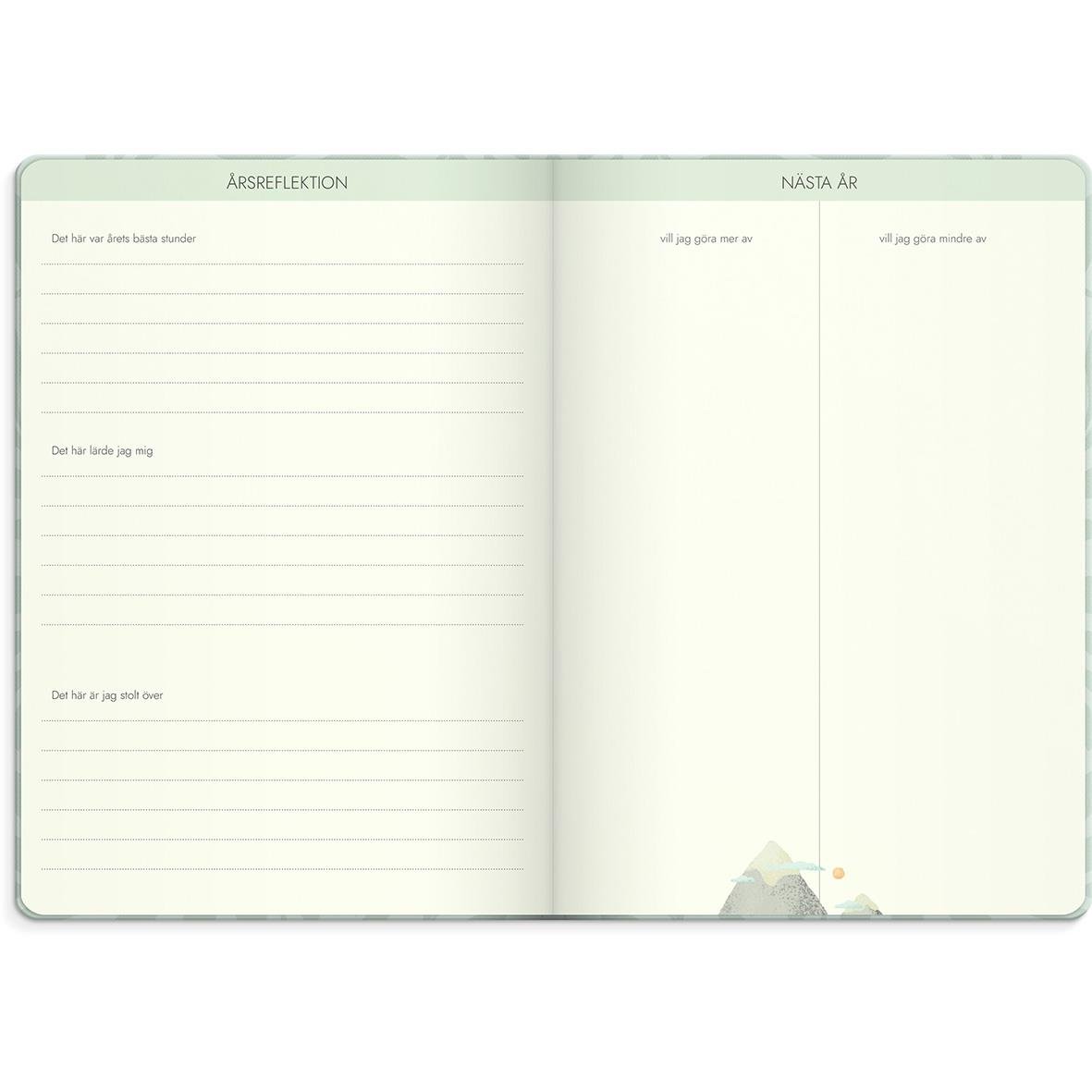 Öppnad livsplanerare för 2026 med sektioner för årsreflektion och kommande år